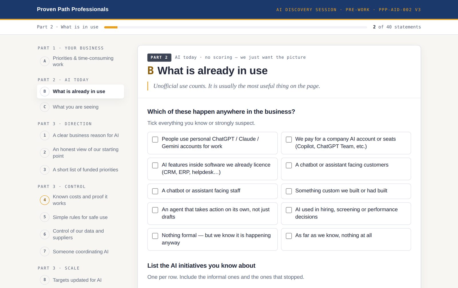 Part 2 of the questionnaire: a checklist of AI use already happening in the business, including personal accounts and AI features inside existing software.